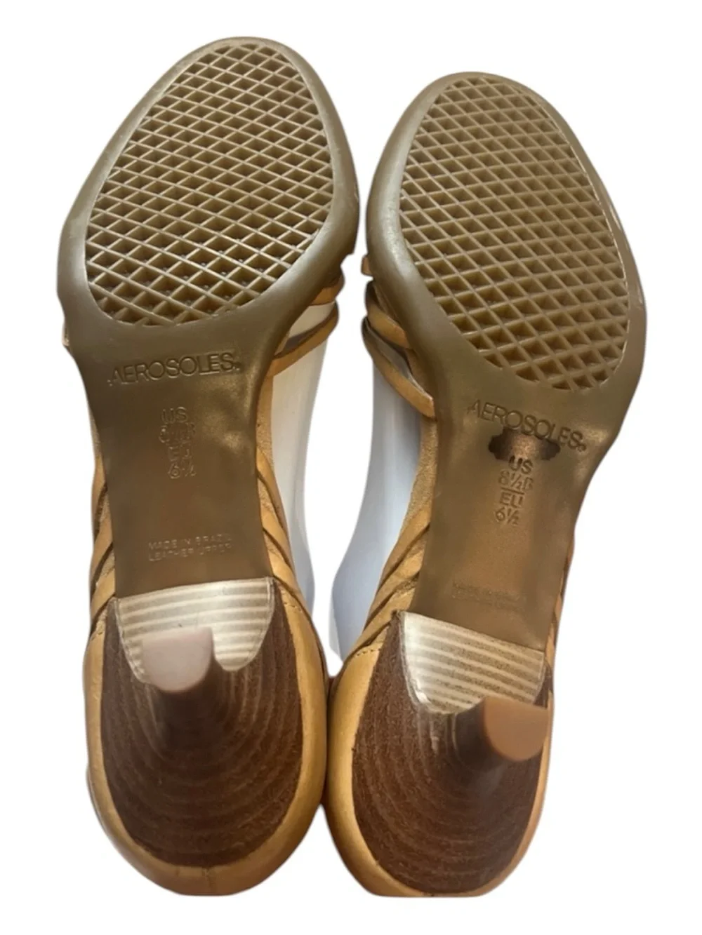 Aerosoles Tan Leather Woven Huarache Kitten Heel Sandal 8.5 Closed Back Peep Toe